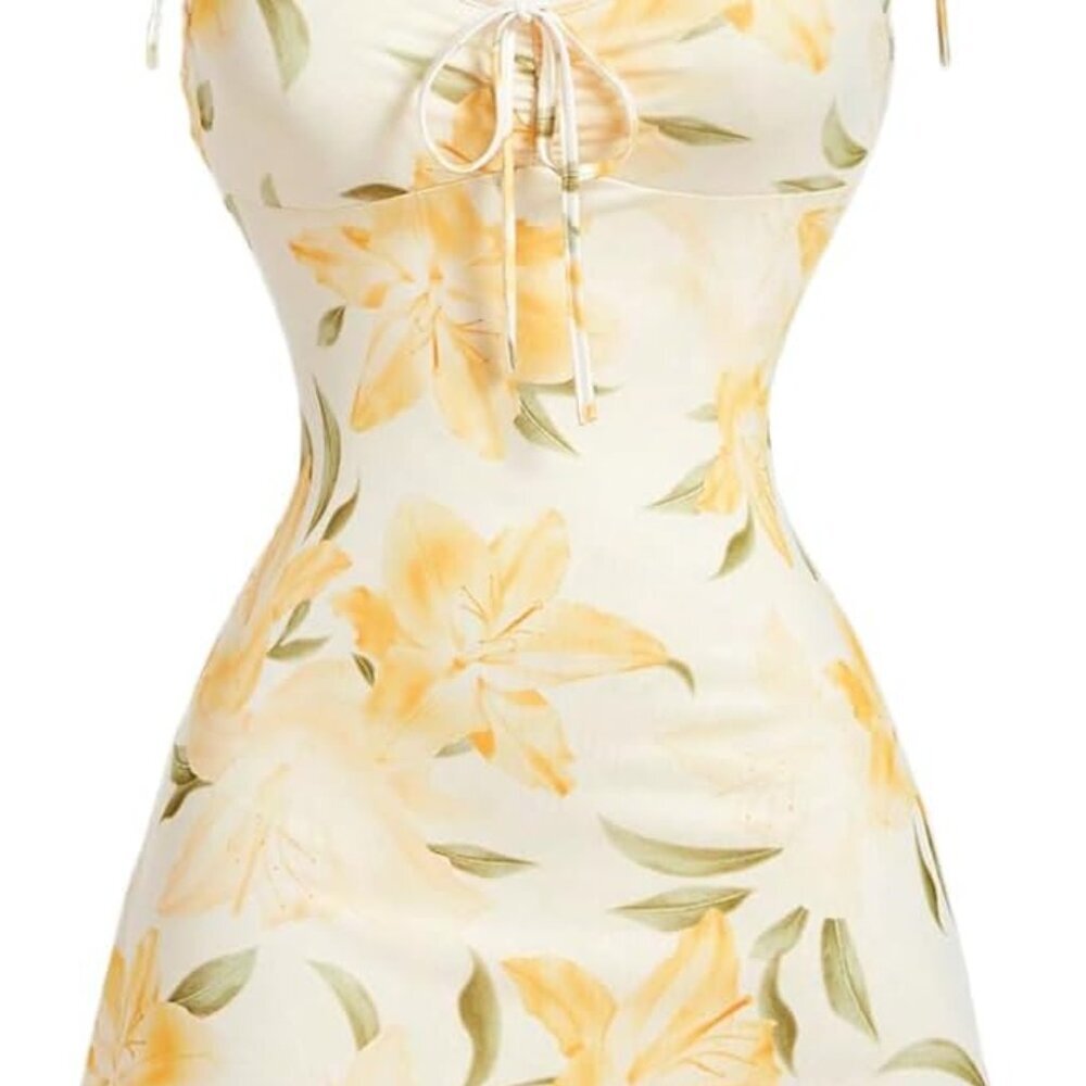 Women's Floral Print Boho Cami Dress Sleeveless Tie Spaghetti Short